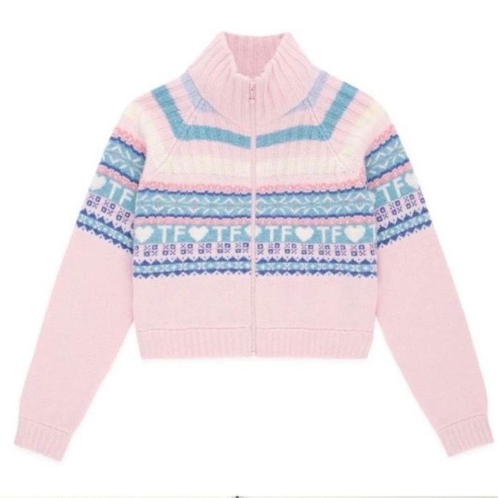Pink and Blue Patterned Zip-Up Sweater